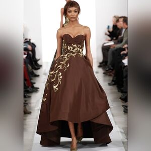 ♧$16,000 OSCAR DE LA RENTA GOLD BEAD EMBROID BROWN SILK RUNWAY DRESS GOWN 4